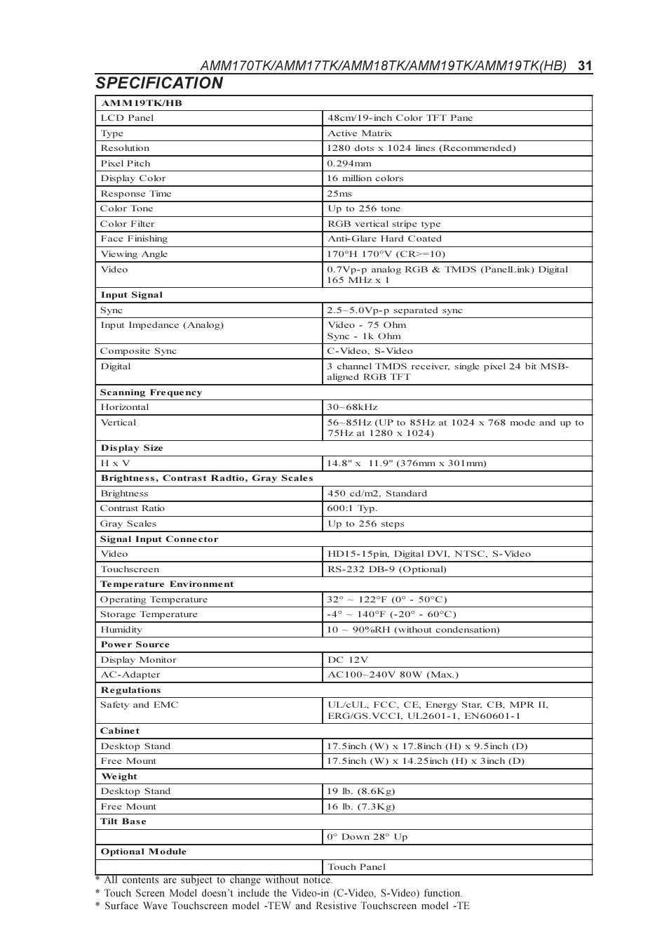 Specification | Elo TouchSystems AMM170TK User Manual | Page 31 / 37
