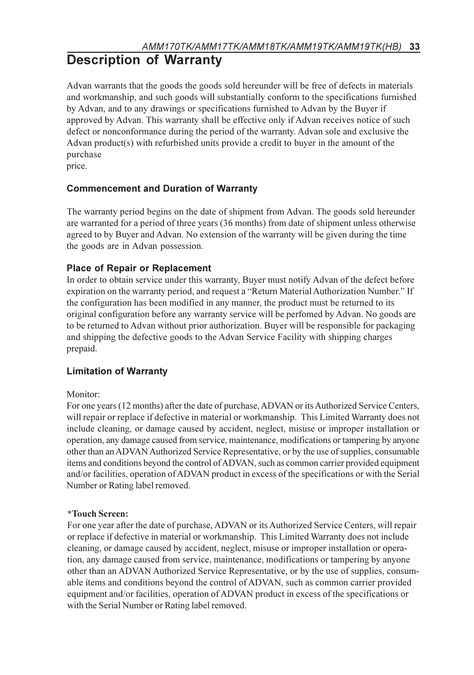 Description of warranty | Elo TouchSystems AMM170TK User Manual | Page 33 / 37