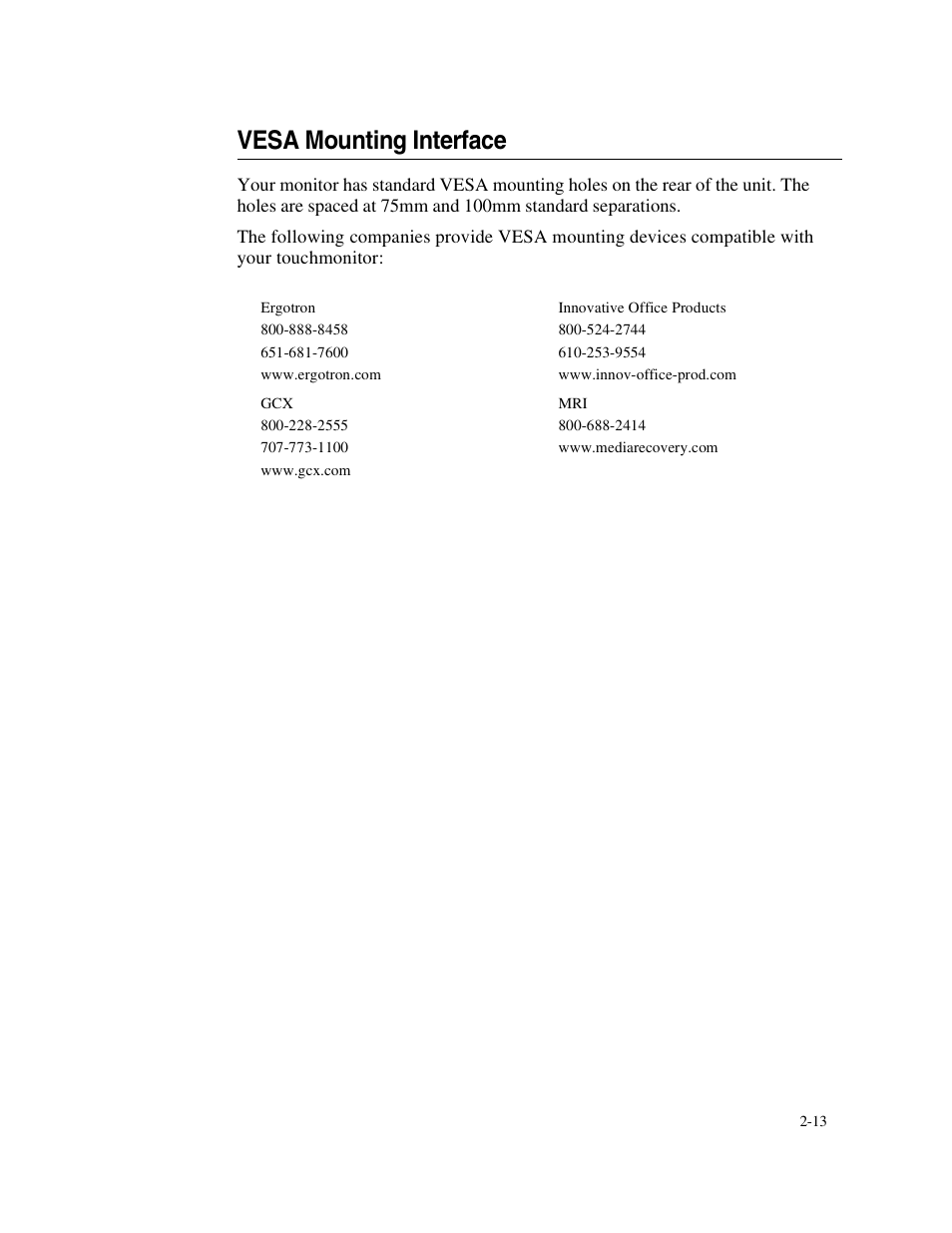 Vesa mounting interface | Elo TouchSystems 1746L User Manual | Page 17 / 45