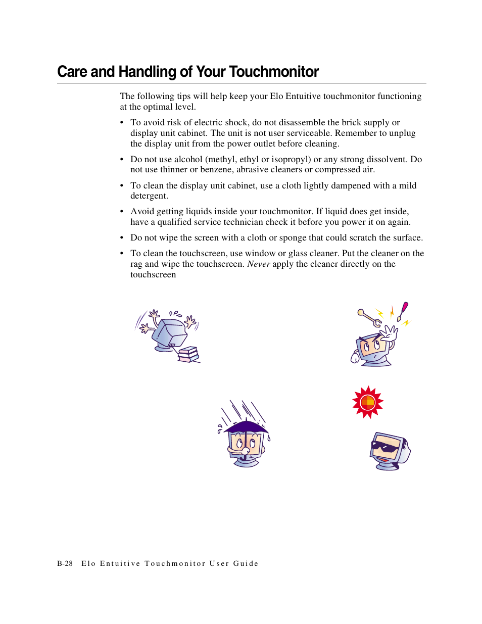 Care and handling of your touchmonitor | Elo TouchSystems 1746L User Manual | Page 32 / 45