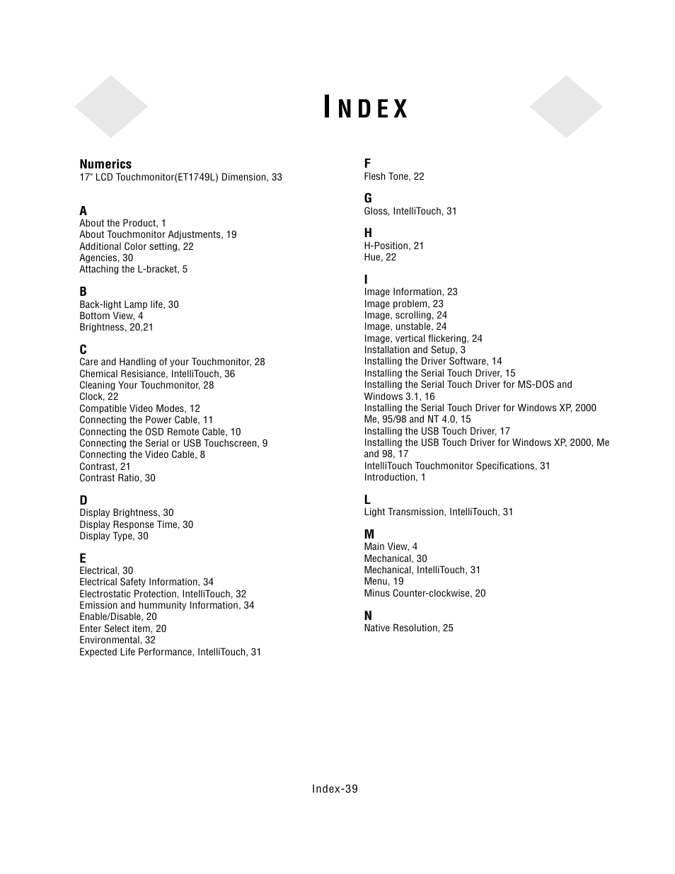 N d e x | Elo TouchSystems 1746L User Manual | Page 43 / 45