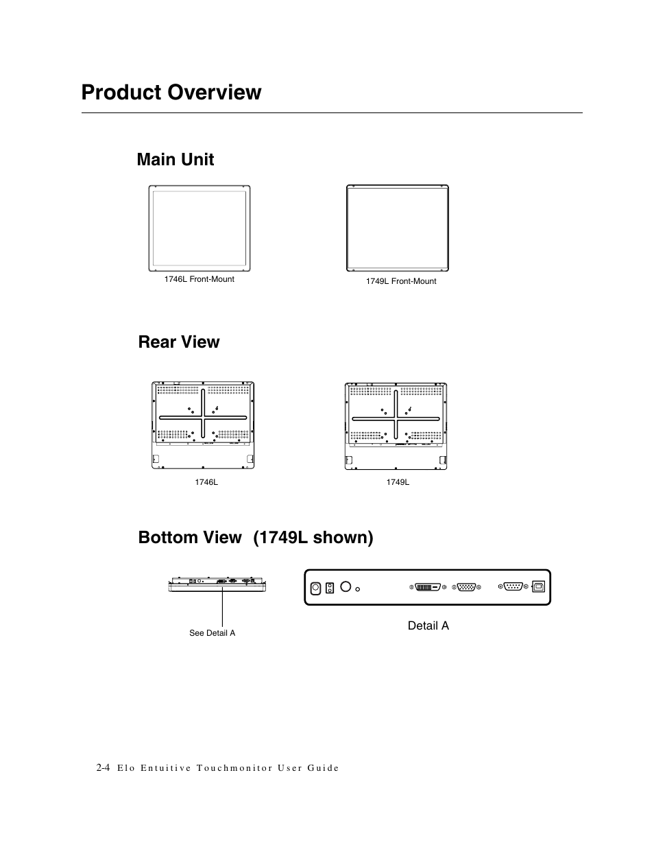 Product overview, Main unit, Rear view | Bottom view (1749l shown) | Elo TouchSystems 1746L User Manual | Page 8 / 45