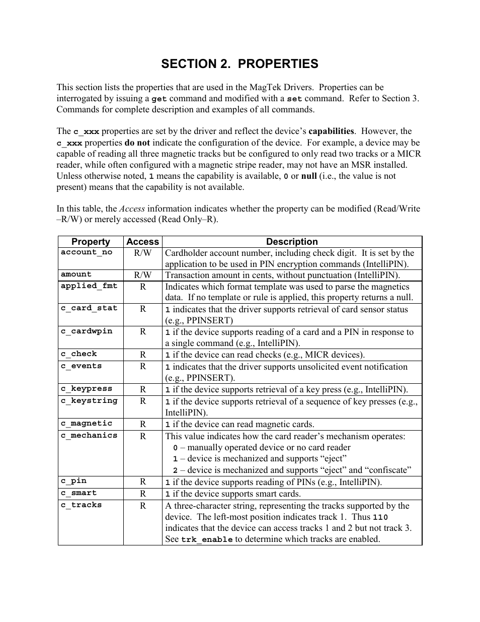 Section 2. properties, Account_no, Amount | Applied_fmt, C_card_stat, C_keypress, C_keystring, C_magnetic, C_mechanics, C_pin | Elo TouchSystems 1525L User Manual | Page 100 / 181