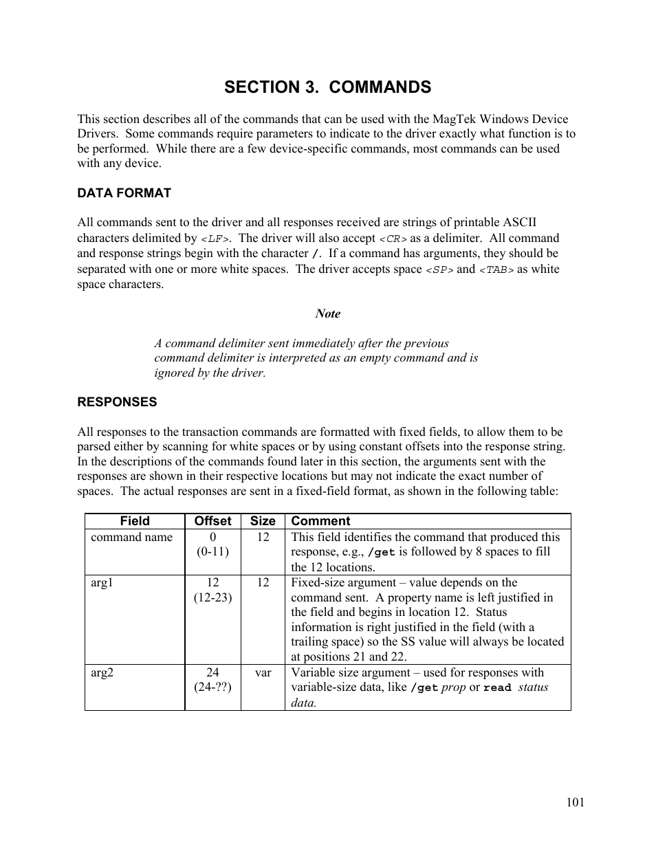 Section 3. commands, Data format, Responses | Elo TouchSystems 1525L User Manual | Page 104 / 181