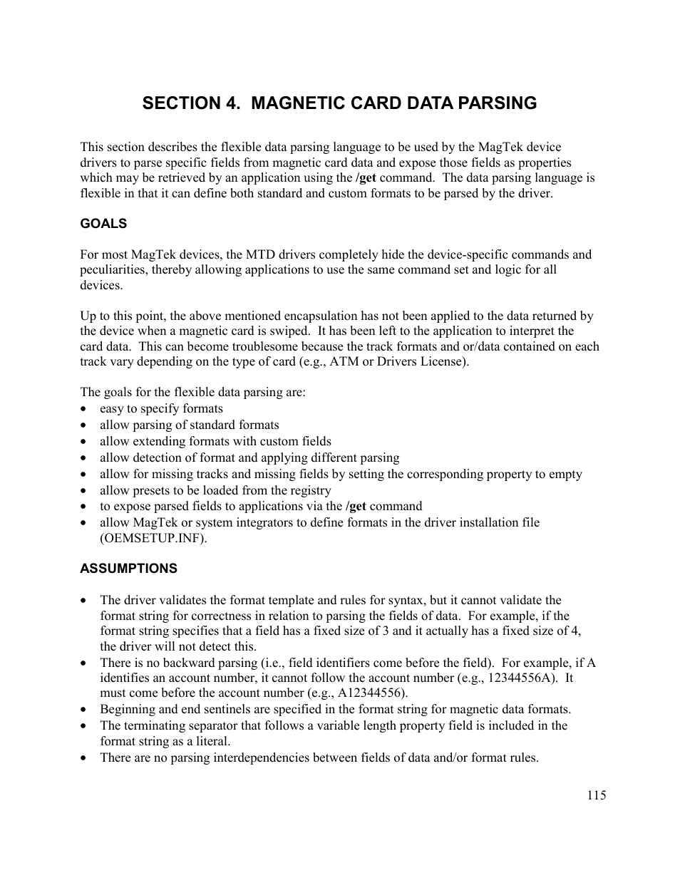 Section 4. magnetic card data parsing, Goals, Assumptions | Elo TouchSystems 1525L User Manual | Page 118 / 181