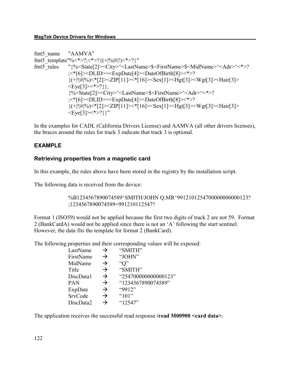 Example, Retrieving properties from a magnetic card | Elo TouchSystems 1525L User Manual | Page 125 / 181