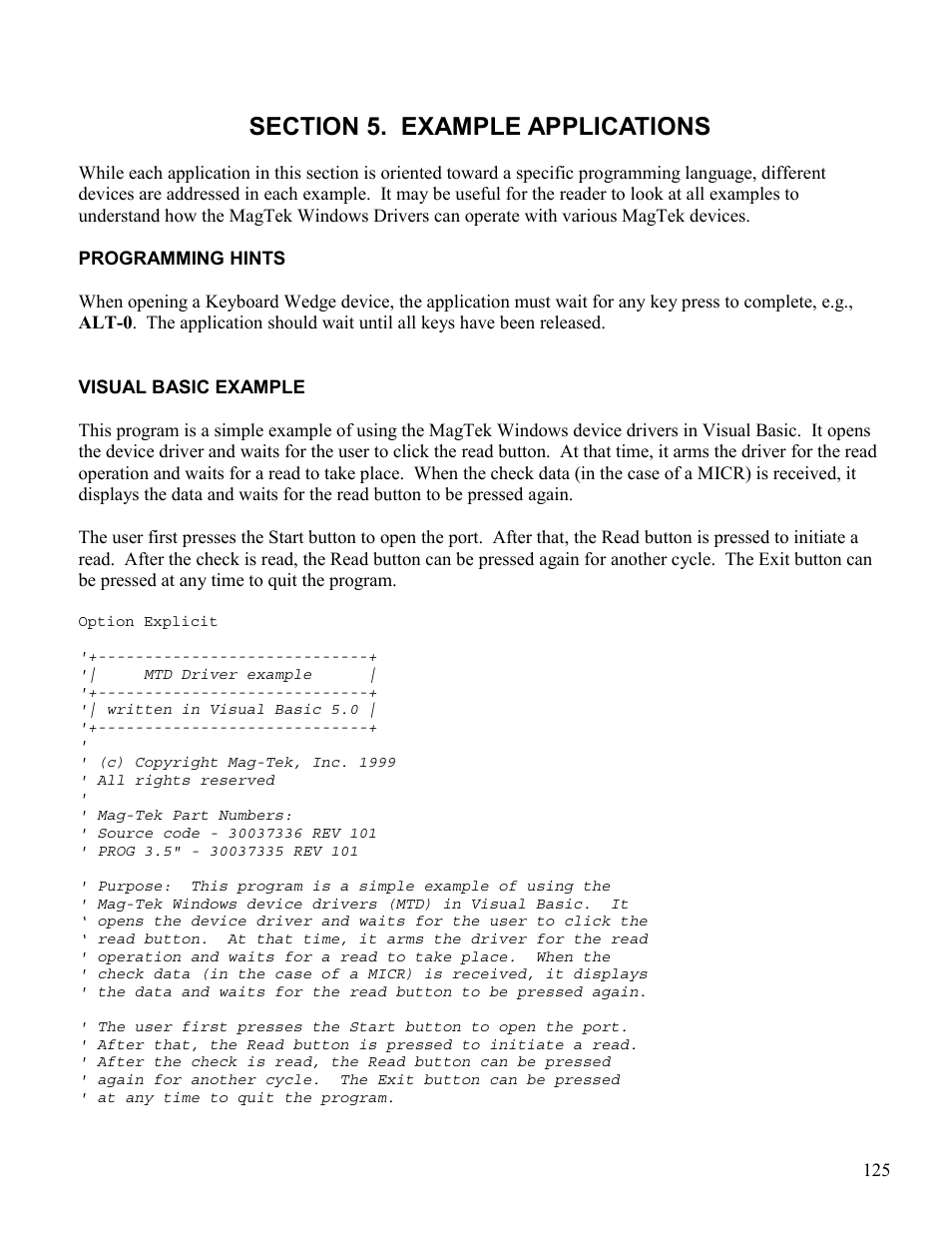 Section 5. example applications, Programming hints, Visual basic example | Elo TouchSystems 1525L User Manual | Page 128 / 181