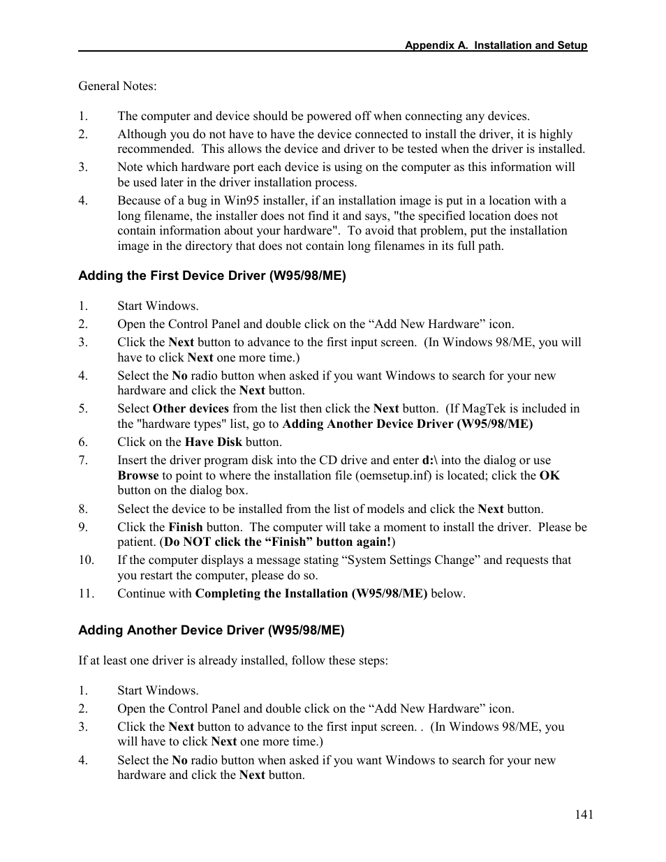 Adding the first device driver (w95/98/me), Adding another device driver (w95/98/me) | Elo TouchSystems 1525L User Manual | Page 144 / 181