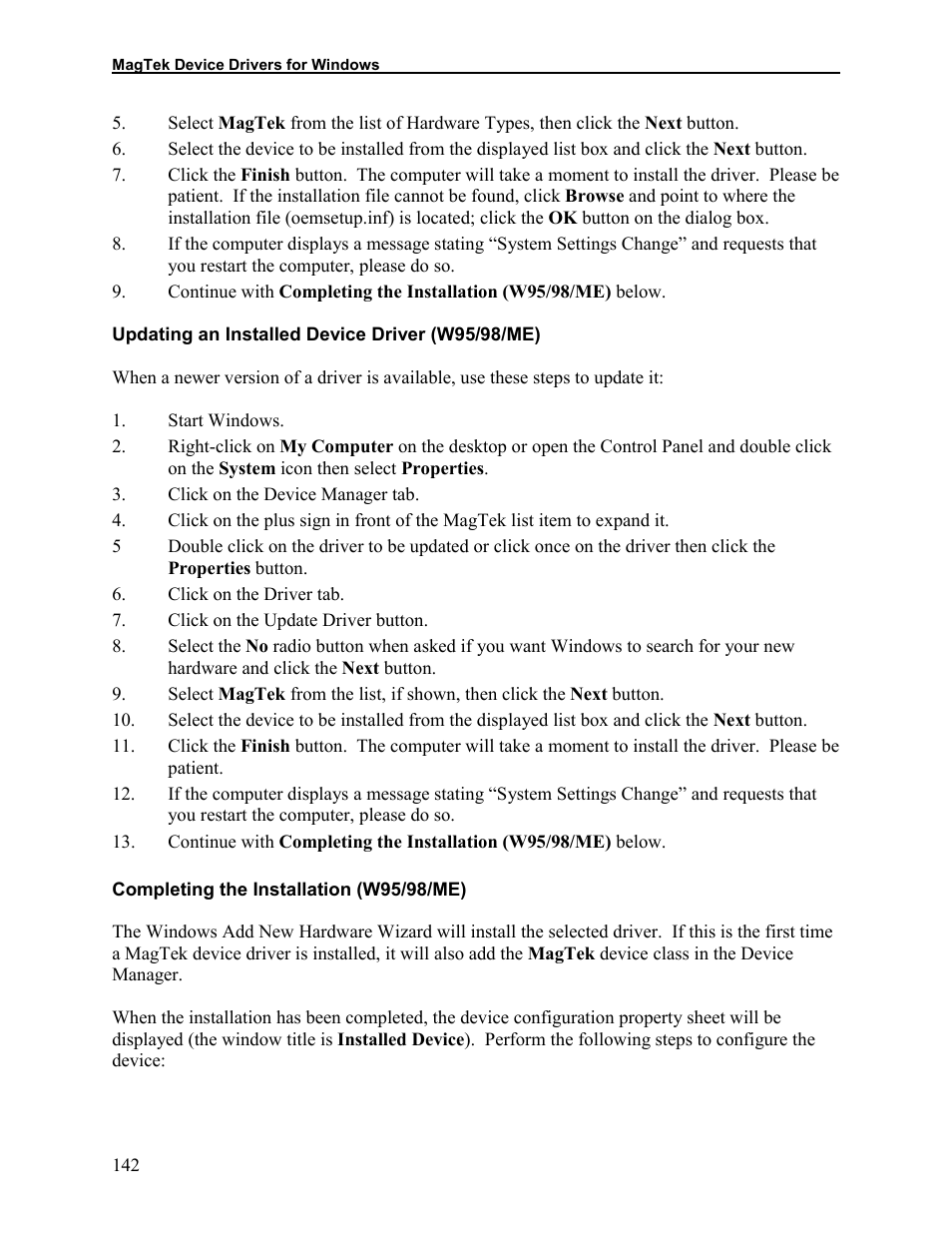 Updating an installed device driver (w95/98/me), Completing the installation (w95/98/me) | Elo TouchSystems 1525L User Manual | Page 145 / 181
