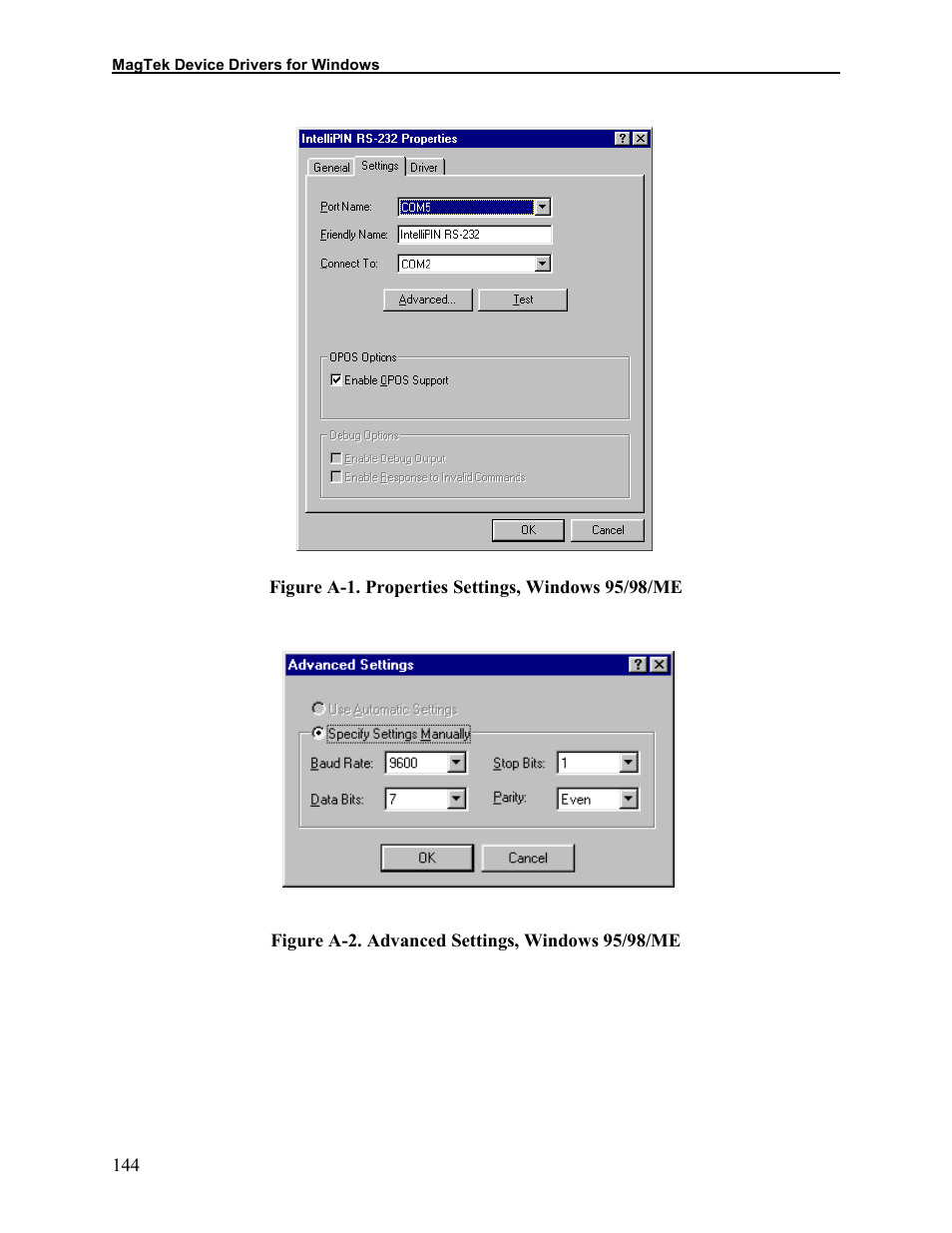 Figure a-1. properties settings, windows 95, Figure a-2. advanced settings, windows 95 | Elo TouchSystems 1525L User Manual | Page 147 / 181