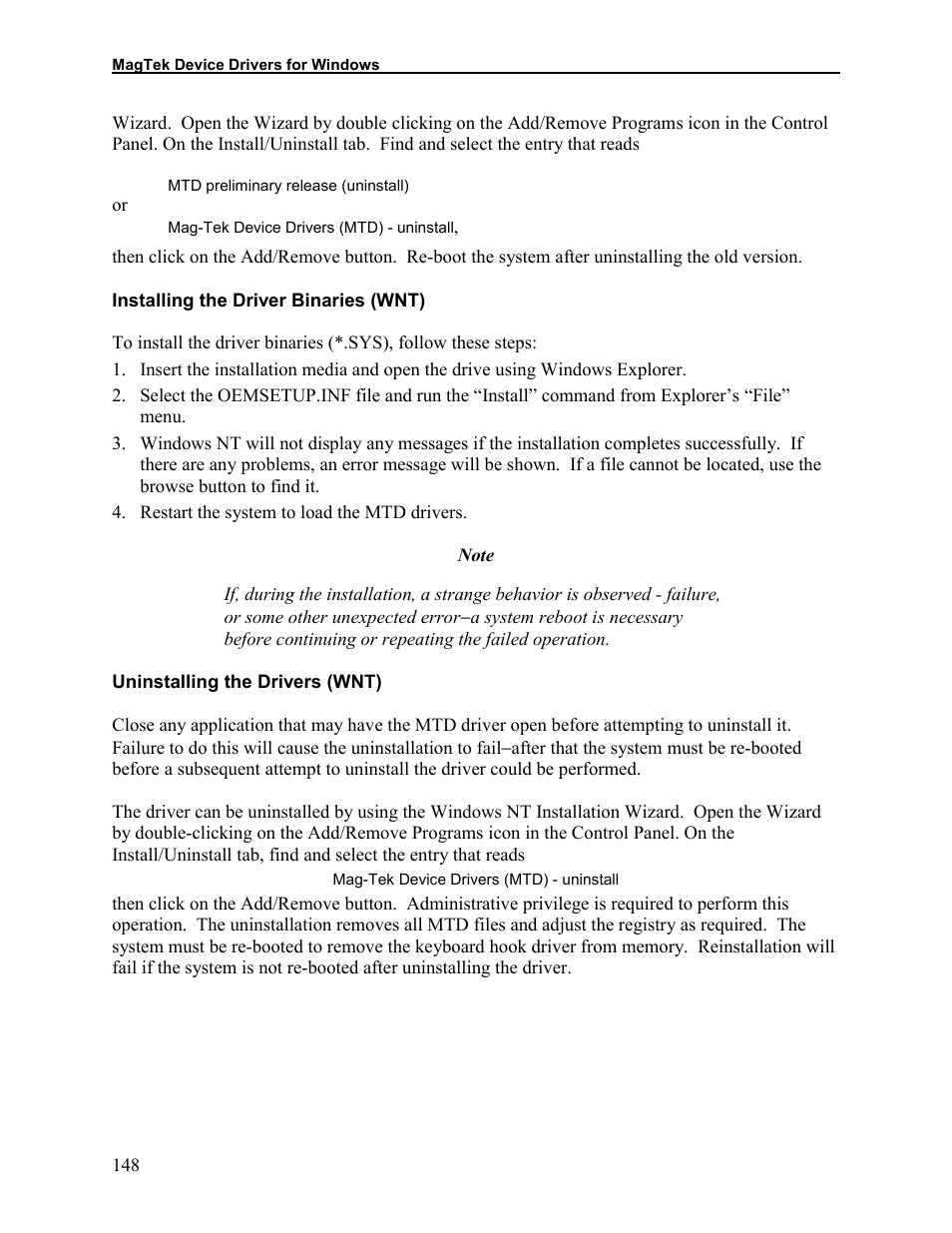 Installing the driver binaries (wnt), Uninstalling the drivers (wnt) | Elo TouchSystems 1525L User Manual | Page 151 / 181