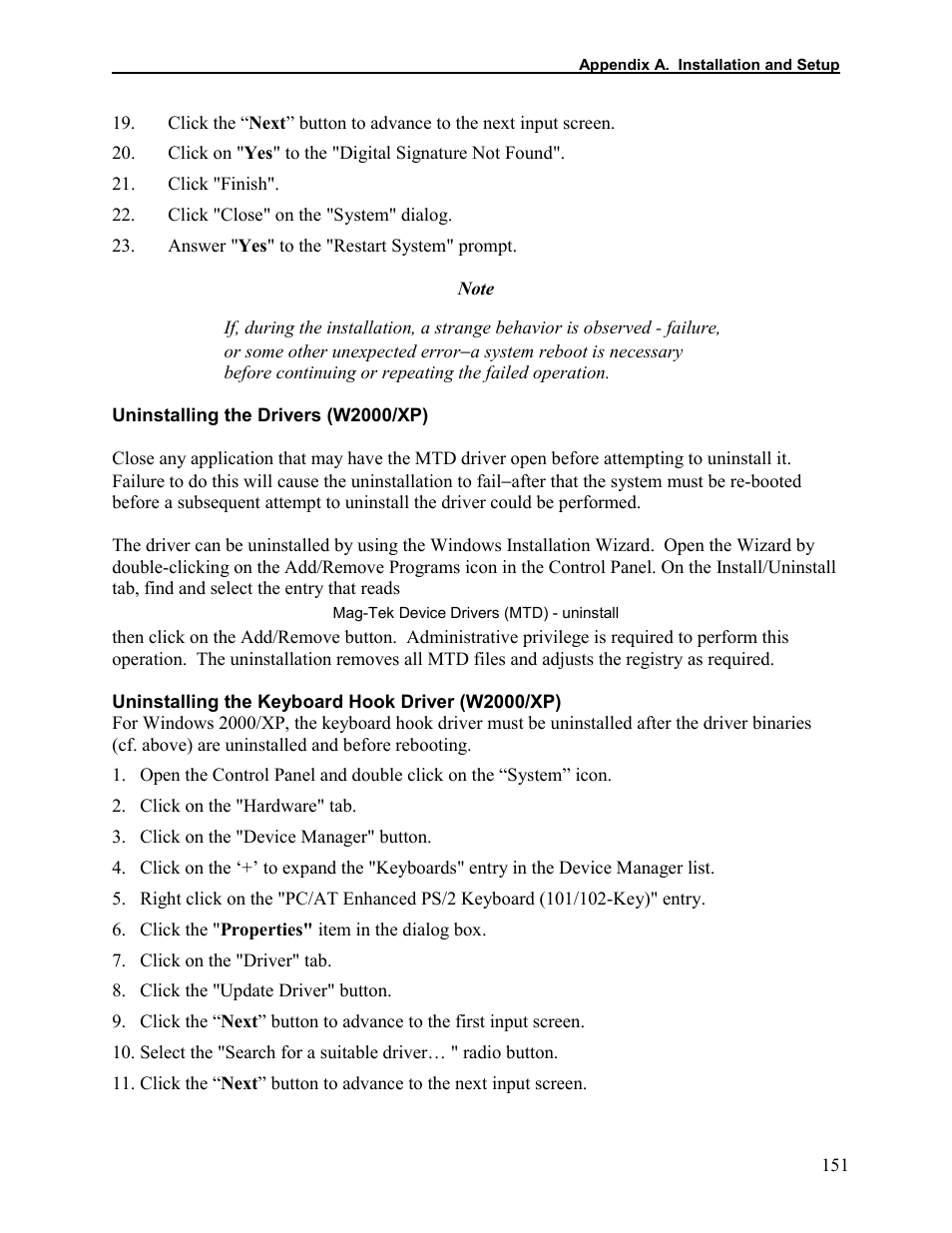 Uninstalling the drivers (w2000/xp), Uninstalling the keyboard hook driver (w2000/xp), Uninstalling the keyboard hook driver – (w2000/xp) | Elo TouchSystems 1525L User Manual | Page 154 / 181
