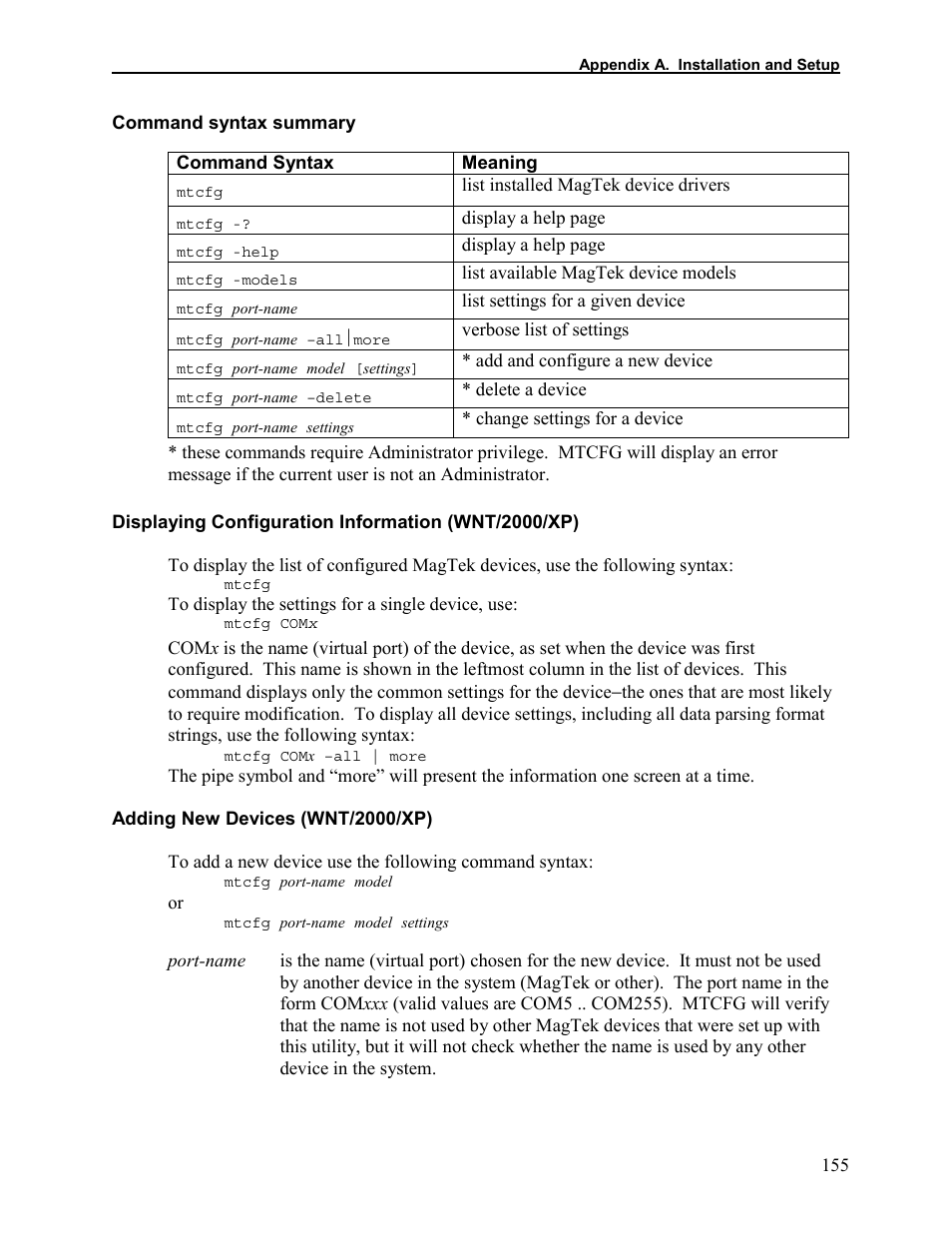 Command syntax summary, Displaying configuration information (wnt/2000/xp), Adding new devices (wnt/2000/xp) | Adding new devices (wnt/w2000/xp) | Elo TouchSystems 1525L User Manual | Page 158 / 181