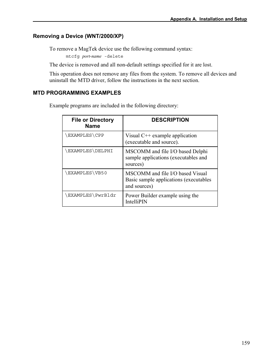 Removing a device (wnt/2000/xp), Mtd programming examples, Removing a device (wnt/w2000/xp)) | Elo TouchSystems 1525L User Manual | Page 162 / 181