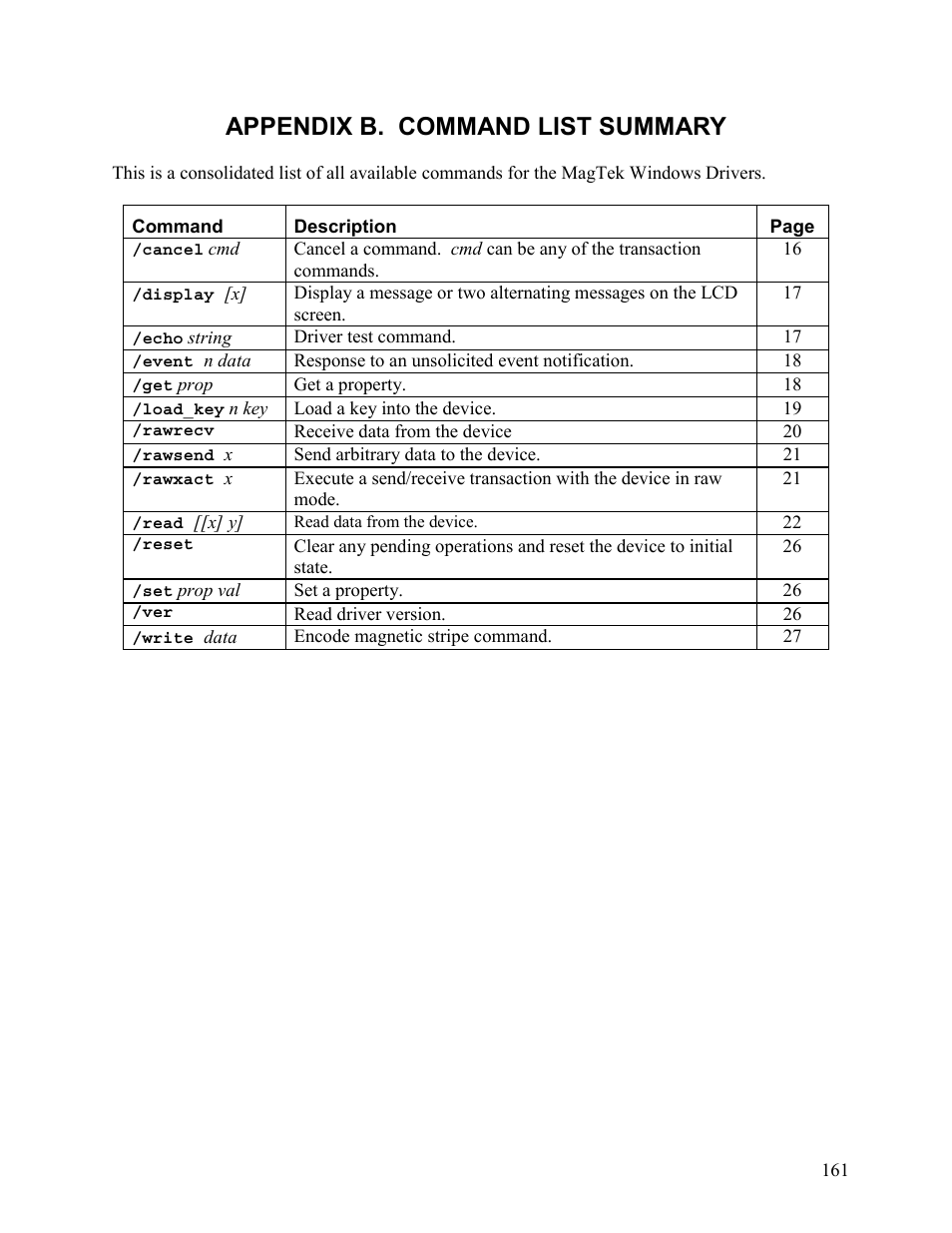 Appendix b. command list summary | Elo TouchSystems 1525L User Manual | Page 164 / 181