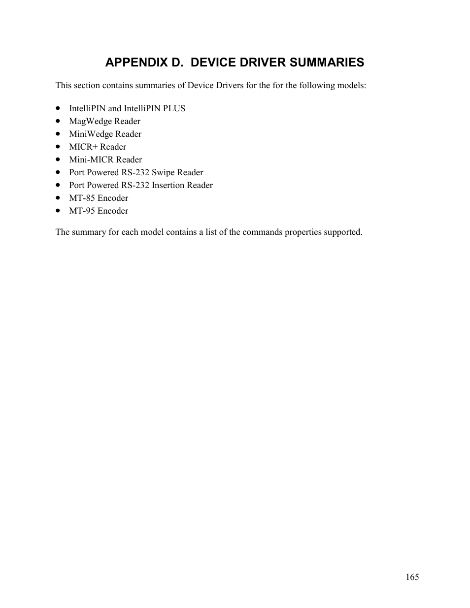 Appendix d. device driver summaries | Elo TouchSystems 1525L User Manual | Page 168 / 181