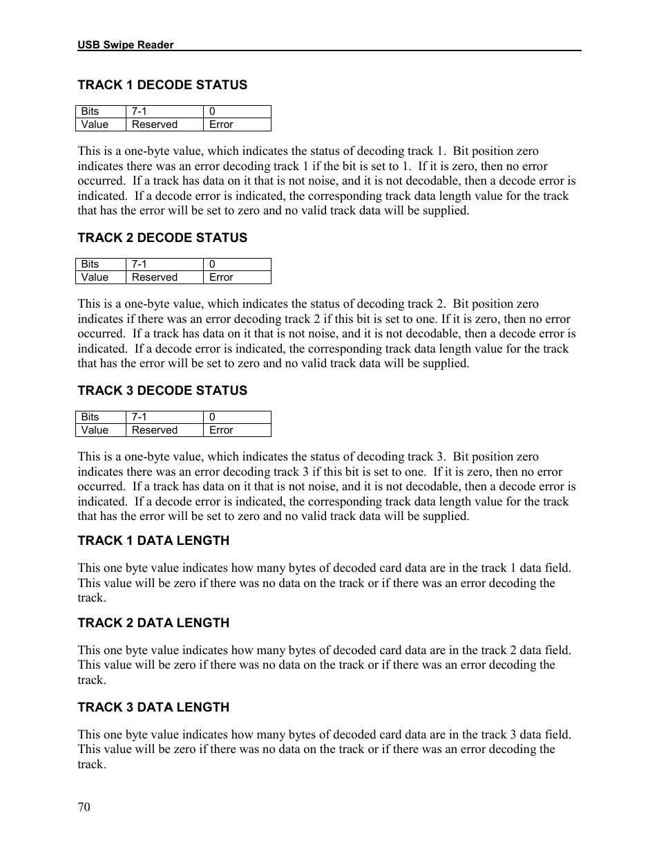 Track 1 decode status, Track 2 decode status, Track 3 decode status | Track 1 data length, Track 2 data length, Track 3 data length | Elo TouchSystems 1525L User Manual | Page 73 / 181