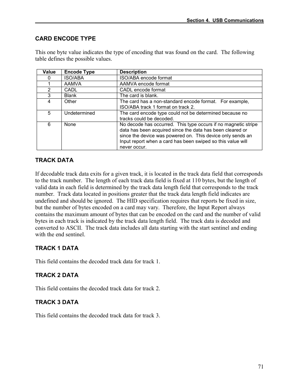 Card encode type, Track data, Track 1 data | Track 2 data, Track 3 data | Elo TouchSystems 1525L User Manual | Page 74 / 181