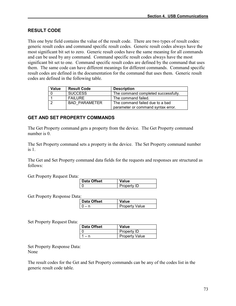 Result code, Get and set property commands | Elo TouchSystems 1525L User Manual | Page 76 / 181