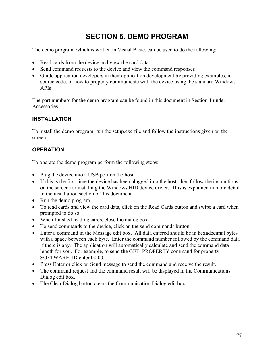 Section 5. demo program, Installation, Operation | Elo TouchSystems 1525L User Manual | Page 80 / 181