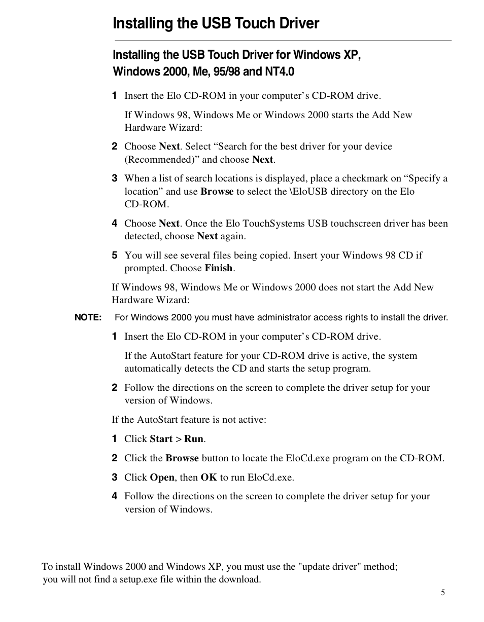 Installing the usb touch driver | Elo TouchSystems 1524L Series User Manual | Page 15 / 40