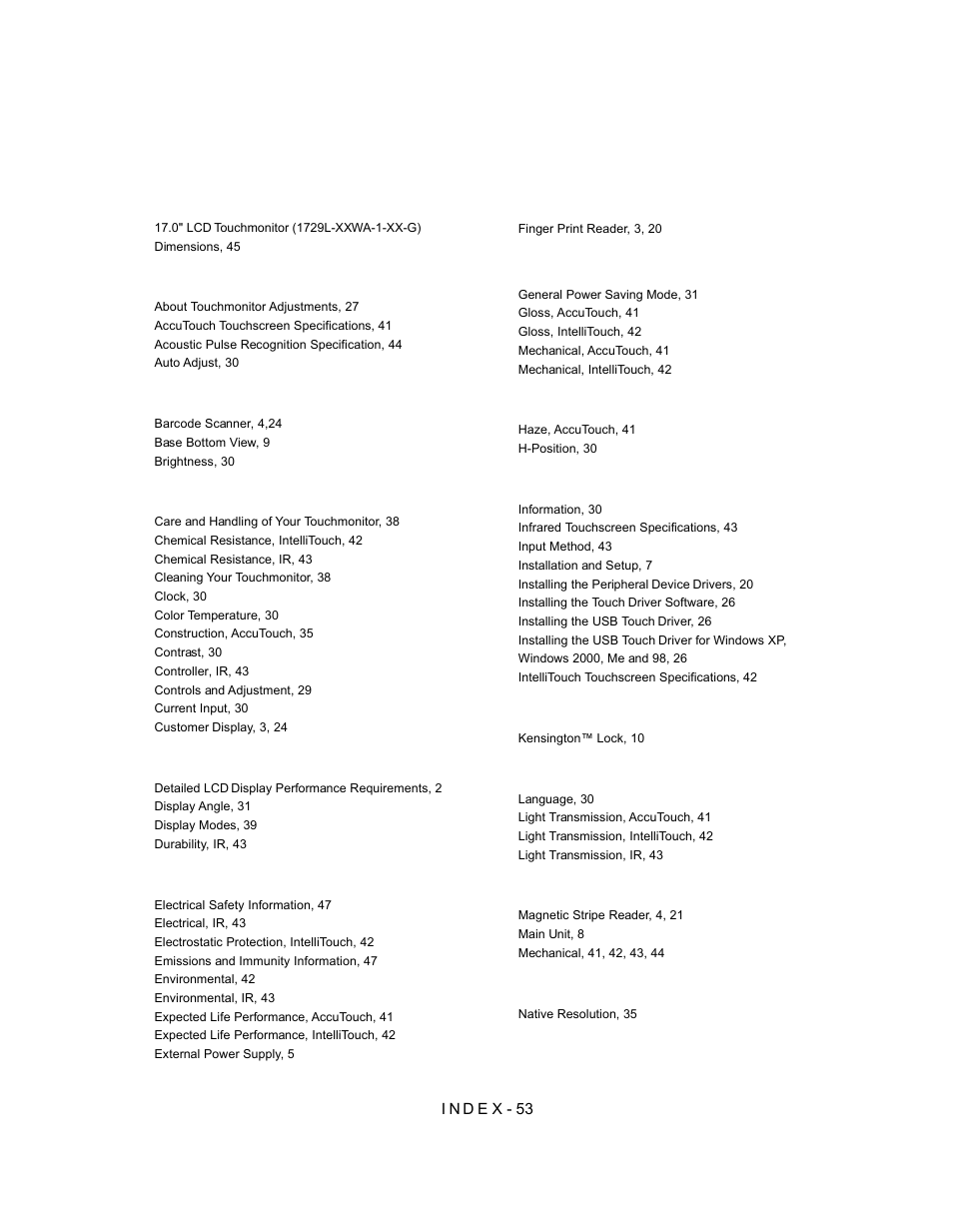 Index | Elo TouchSystems Elo Entuitive 3000 Series 1729L User Manual | Page 59 / 61