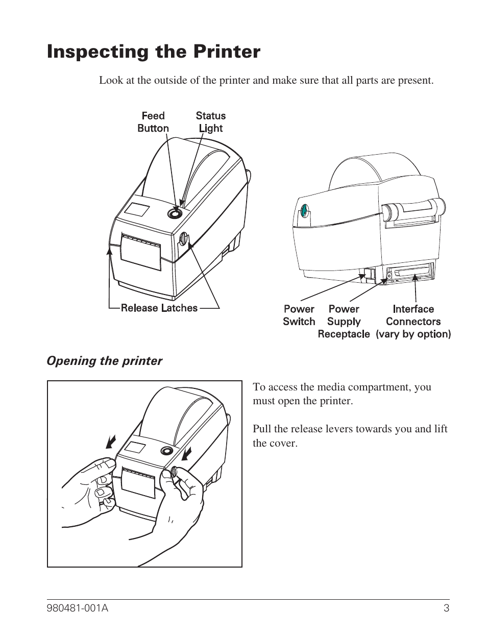 Inspecting the printer 3, Opening the printer 3, Inspecting the printer | Zebra Technologies LP 2824 User Manual | Page 11 / 56