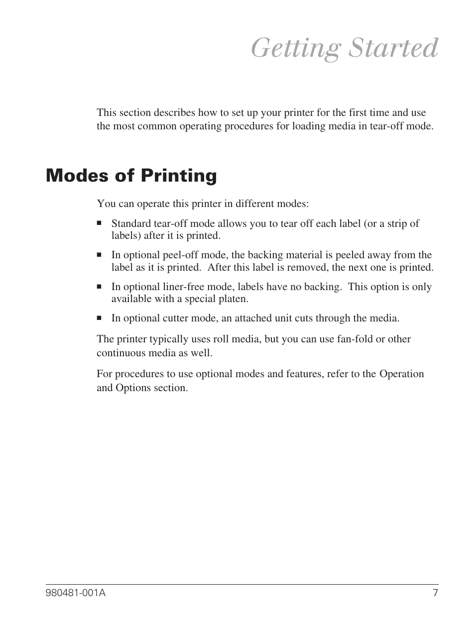 Getting started, Modes of printing 7, Modes of printing | Zebra Technologies LP 2824 User Manual | Page 15 / 56