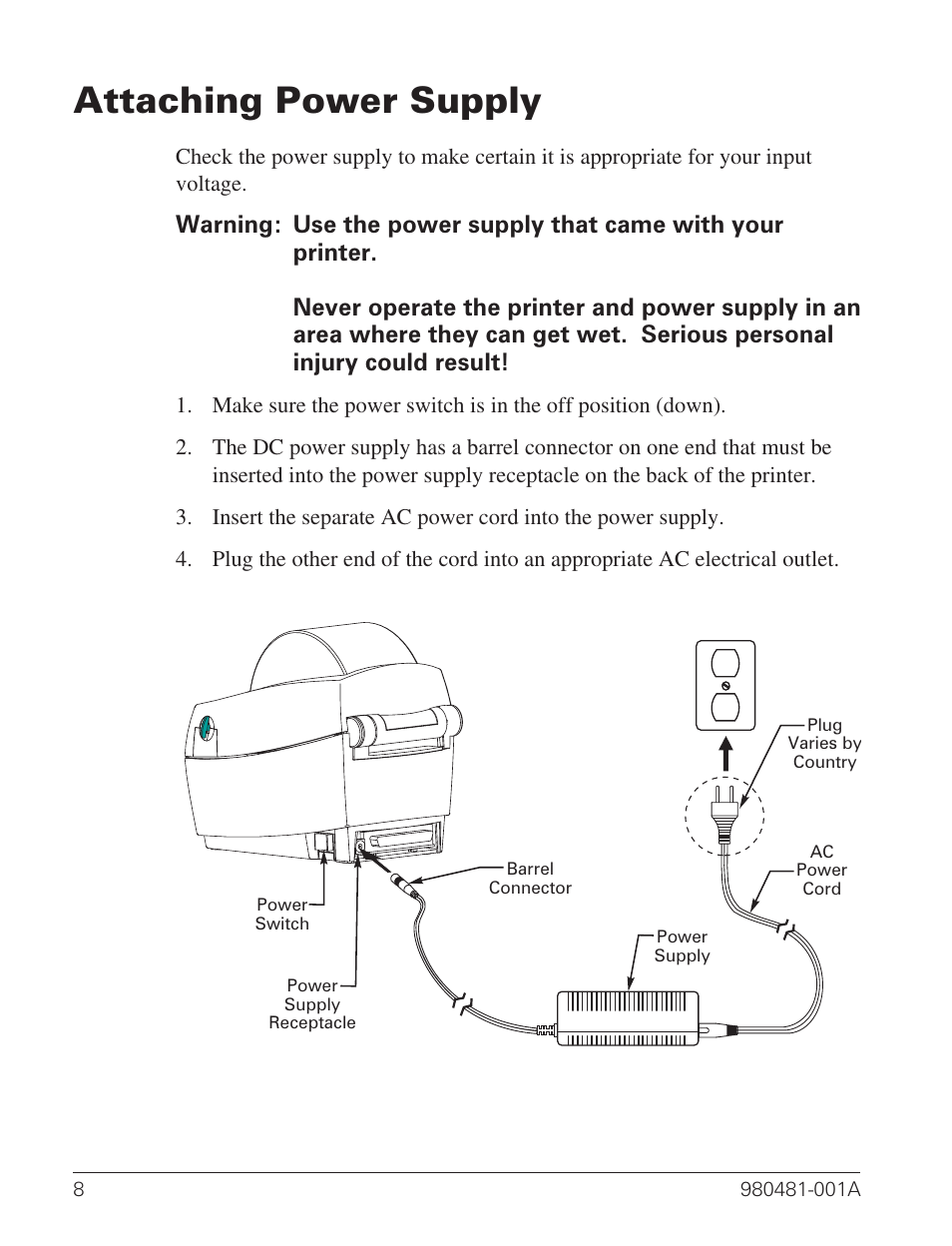 Attaching power supply 8, Attaching power supply | Zebra Technologies LP 2824 User Manual | Page 16 / 56