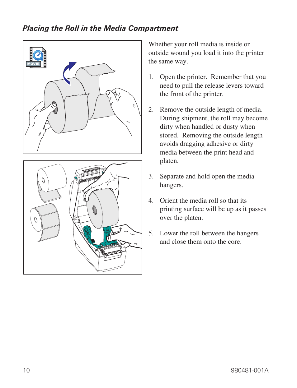 Placing the roll in the media compartment 10 | Zebra Technologies LP 2824 User Manual | Page 18 / 56