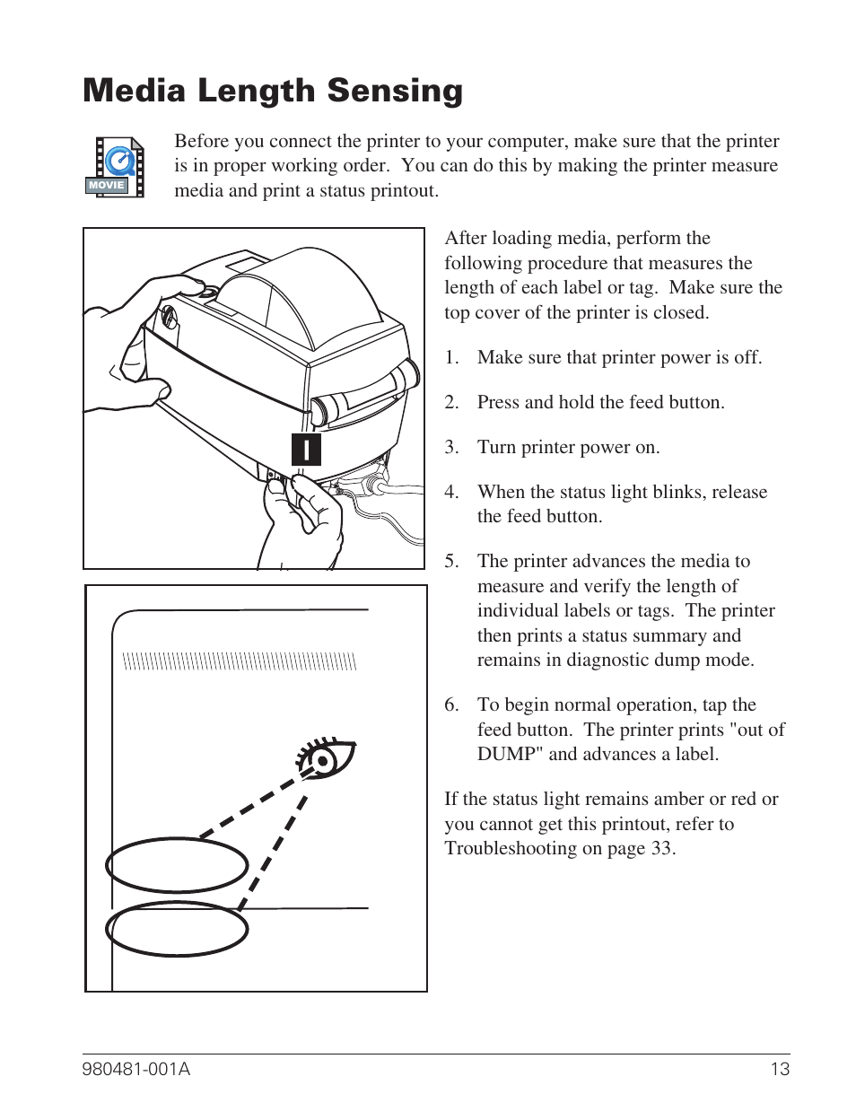 Media length sensing 13, Media length sensing | Zebra Technologies LP 2824 User Manual | Page 21 / 56