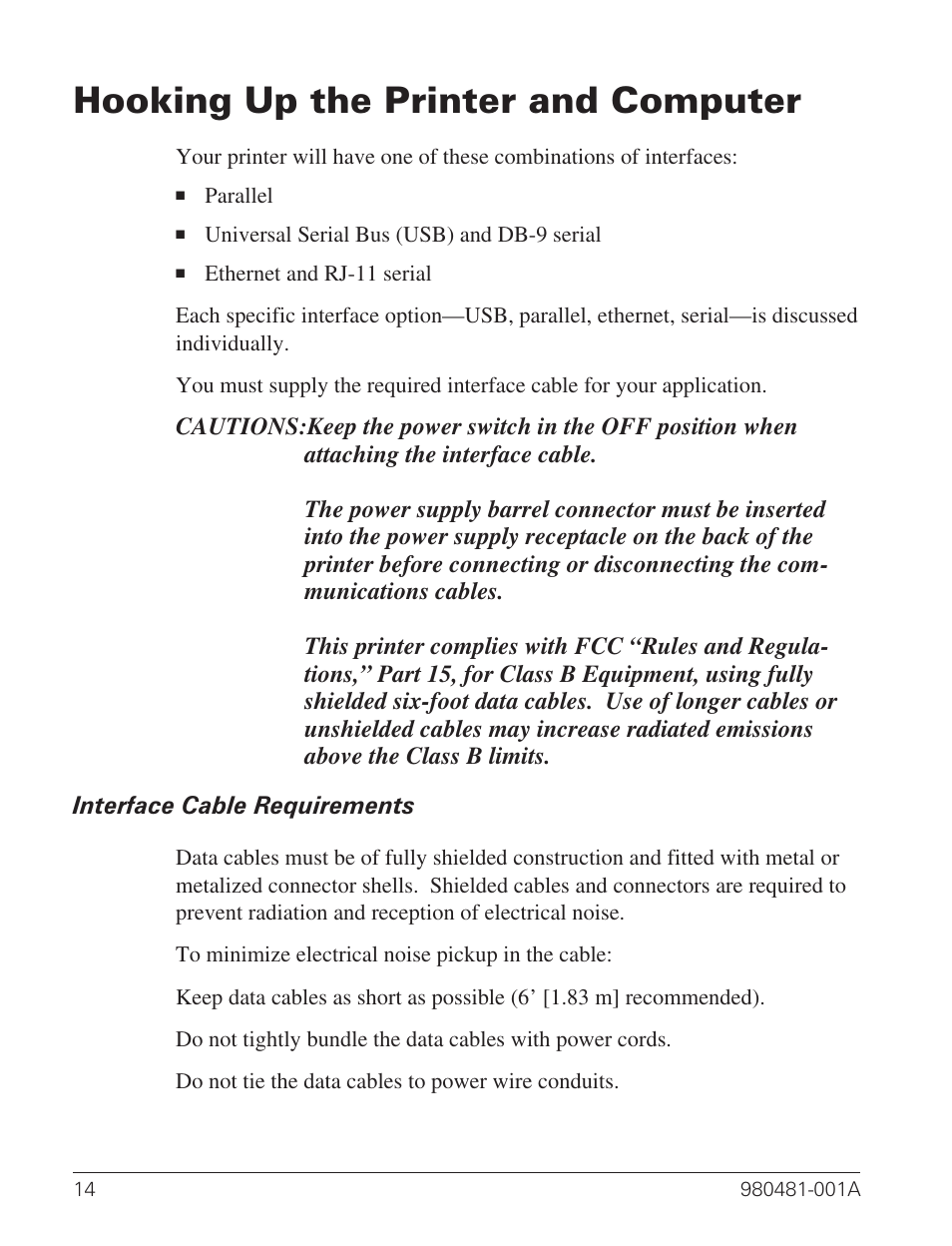 Hooking up the printer and computer 14, Interface cable requirements 14, Hooking up the printer and computer | Zebra Technologies LP 2824 User Manual | Page 22 / 56