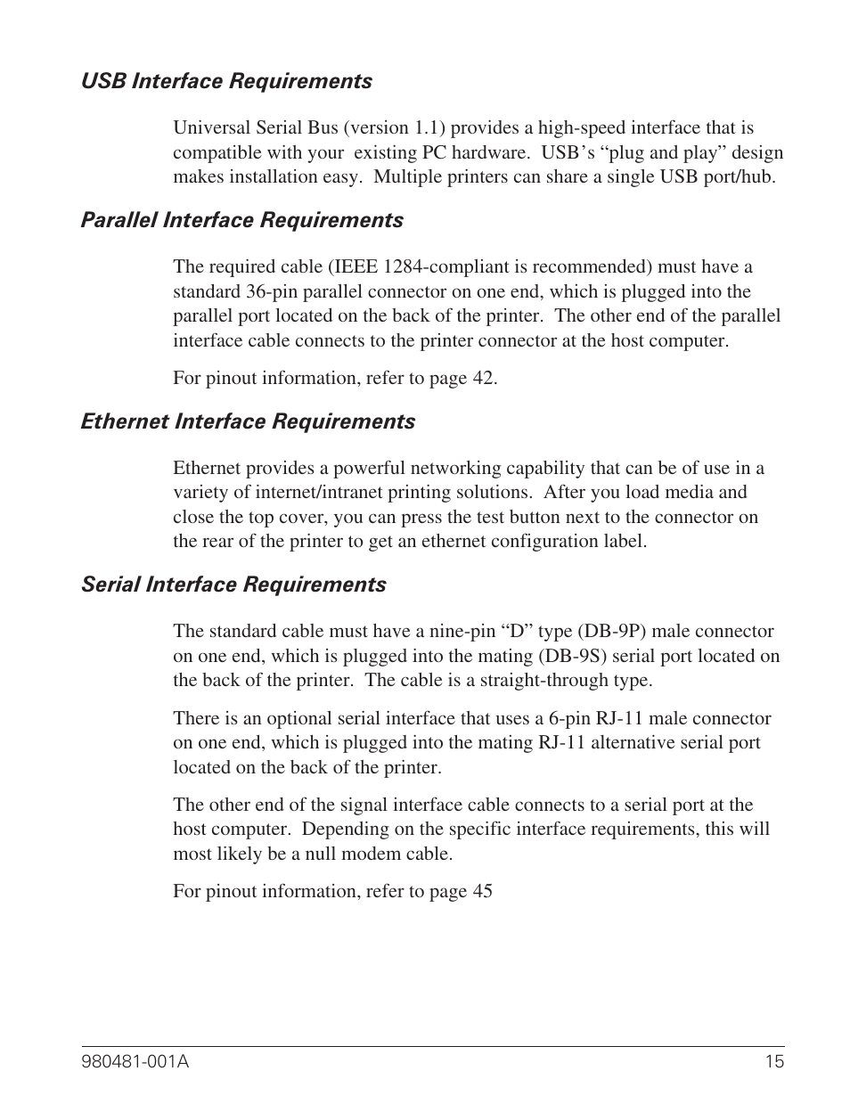 Usb interface requirements 15, Parallel interface requirements 15, Ethernet interface requirements 15 | Serial interface requirements 15 | Zebra Technologies LP 2824 User Manual | Page 23 / 56