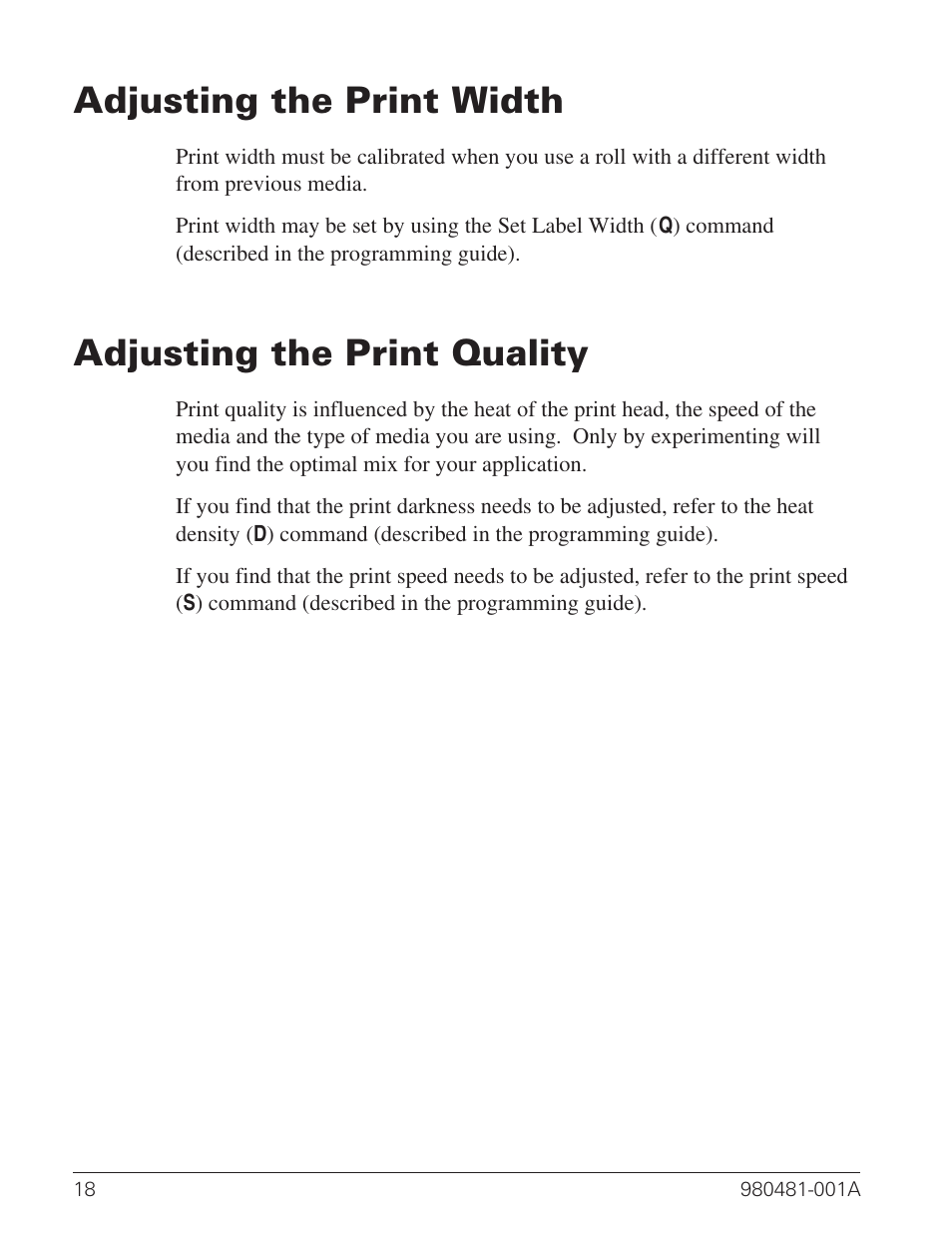 Adjusting the print width 18, Adjusting the print quality 18, Adjusting the print width | Adjusting the print quality | Zebra Technologies LP 2824 User Manual | Page 26 / 56