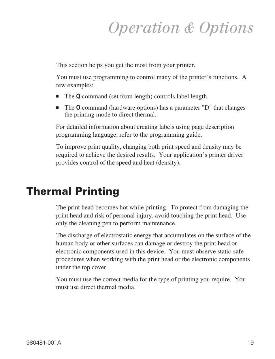 Operation & options, Thermal printing 19, Thermal printing | Zebra Technologies LP 2824 User Manual | Page 27 / 56