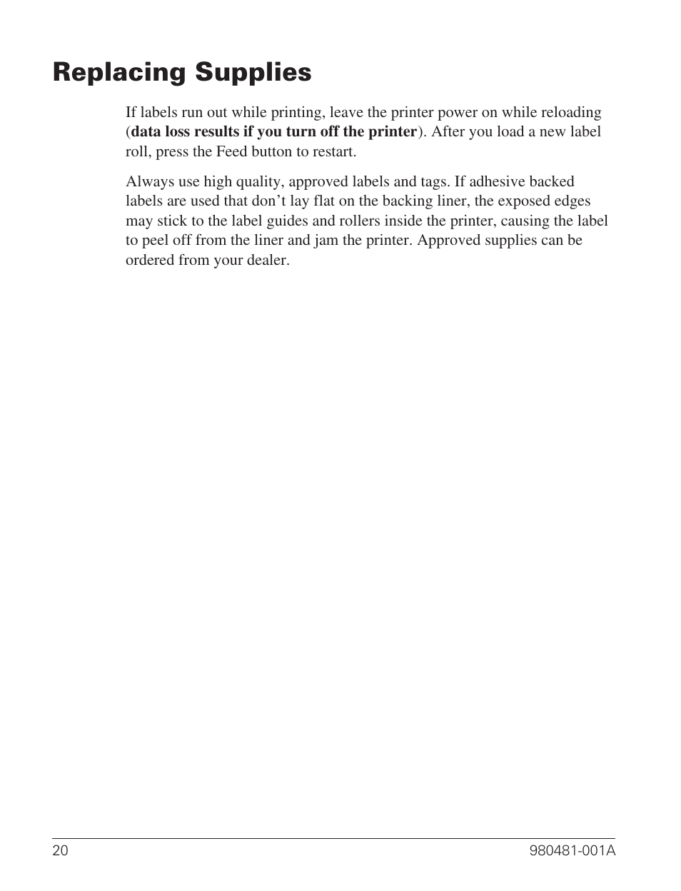 Replacing supplies 20, Replacing supplies | Zebra Technologies LP 2824 User Manual | Page 28 / 56