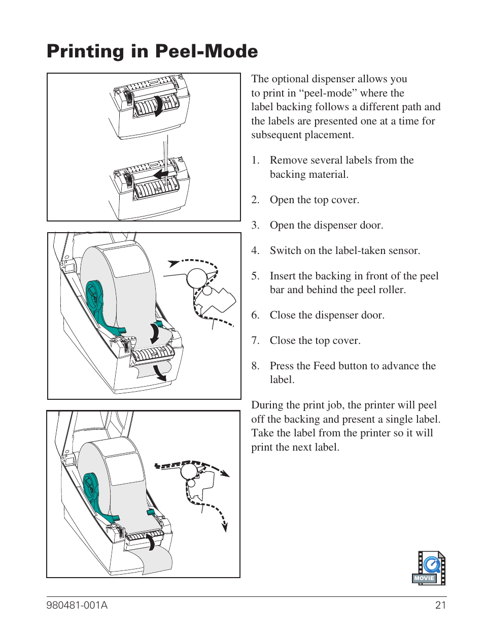 Printing in peel-mode 21, Printing in peel-mode | Zebra Technologies LP 2824 User Manual | Page 29 / 56