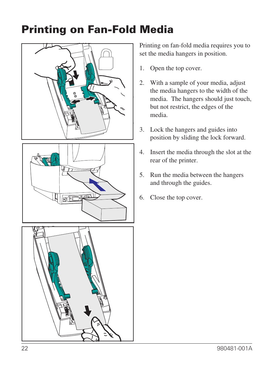 Printing on fan-fold media 22, Printing on fan-fold media | Zebra Technologies LP 2824 User Manual | Page 30 / 56