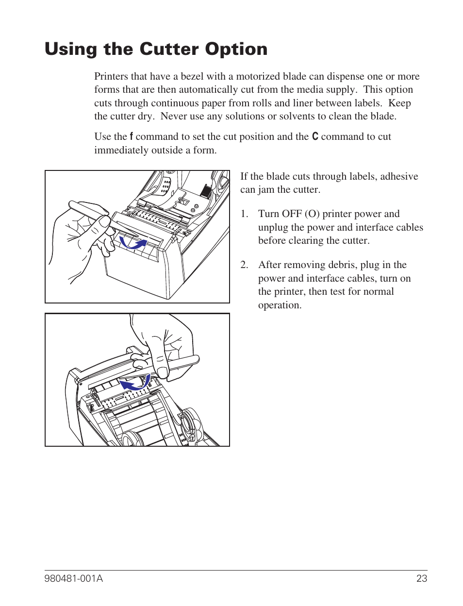 Using the cutter option 23, Using the cutter option | Zebra Technologies LP 2824 User Manual | Page 31 / 56