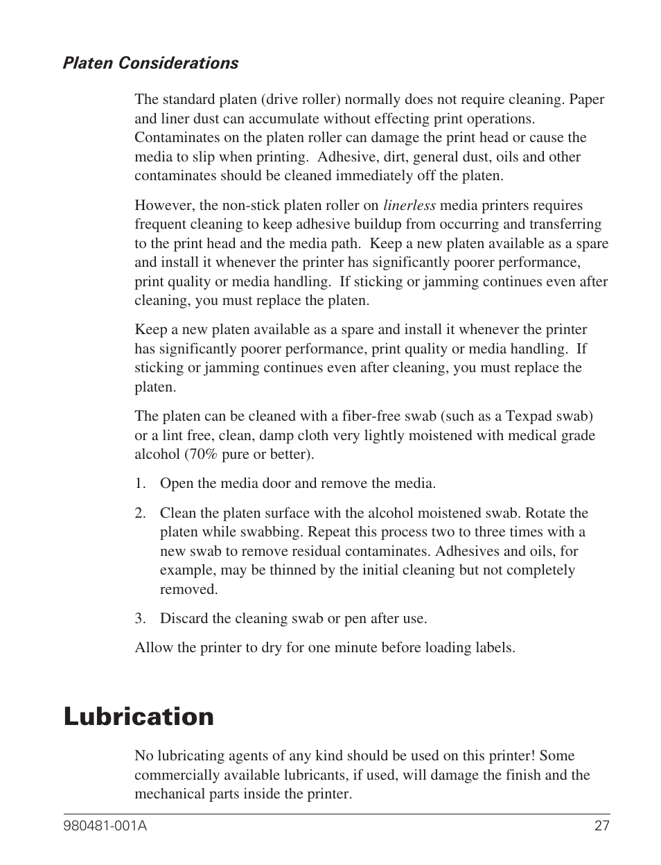 Platen considerations 27, Lubrication 27, Lubrication | Zebra Technologies LP 2824 User Manual | Page 35 / 56