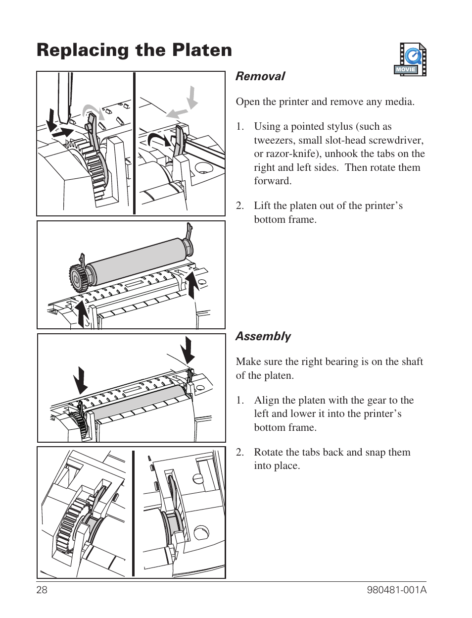 Replacing the platen 28, Replacing the platen | Zebra Technologies LP 2824 User Manual | Page 36 / 56