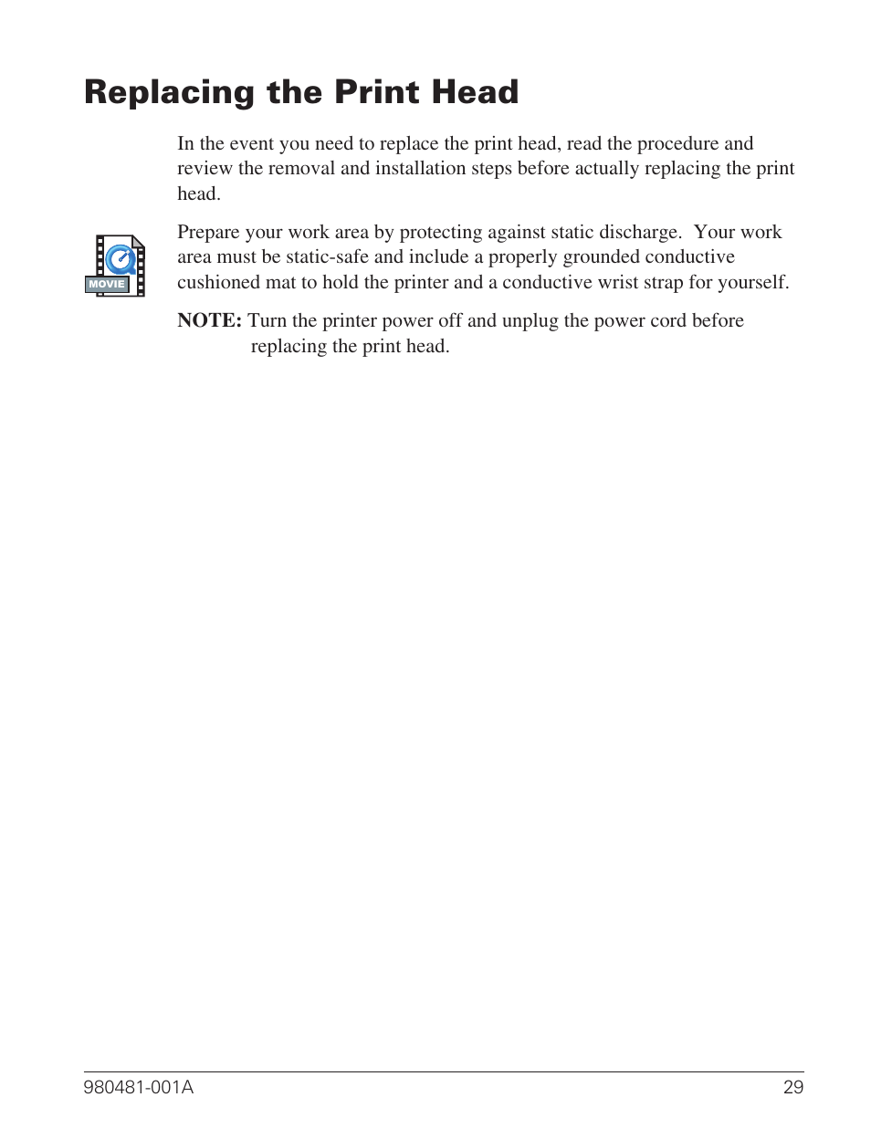 Replacing the print head 29, Replacing the print head | Zebra Technologies LP 2824 User Manual | Page 37 / 56