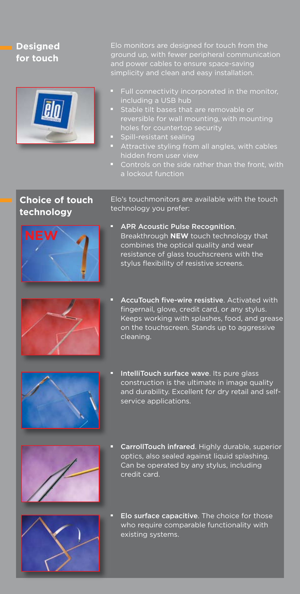 Designed for touch, Choice of touch technology | Elo TouchSystems Toucmonitor User Manual | Page 5 / 10