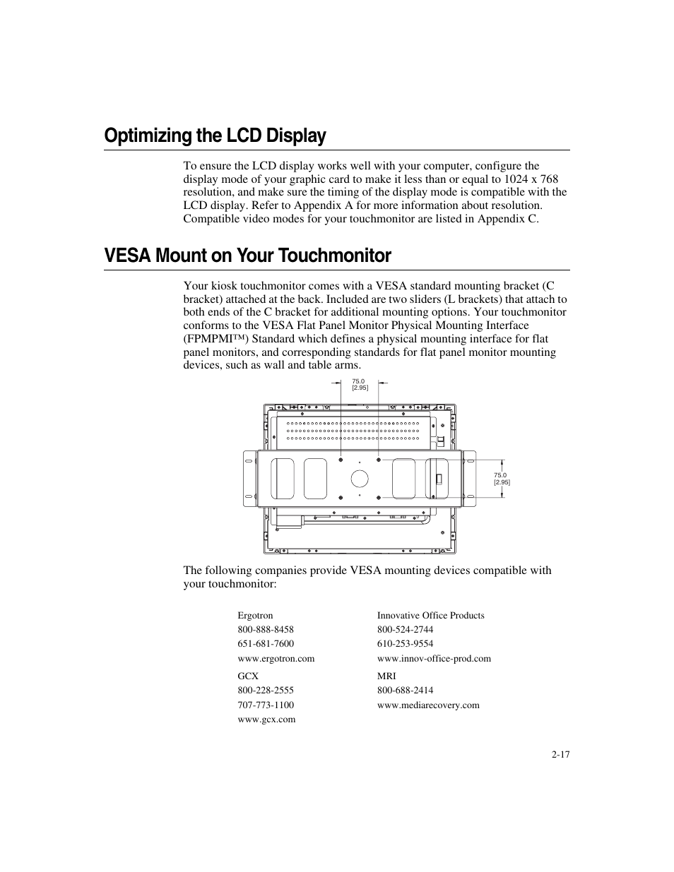 Optimizing the lcd display, Vesa mount on your touchmonitor | Elo TouchSystems ET1546L-XXWA-X User Manual | Page 22 / 53