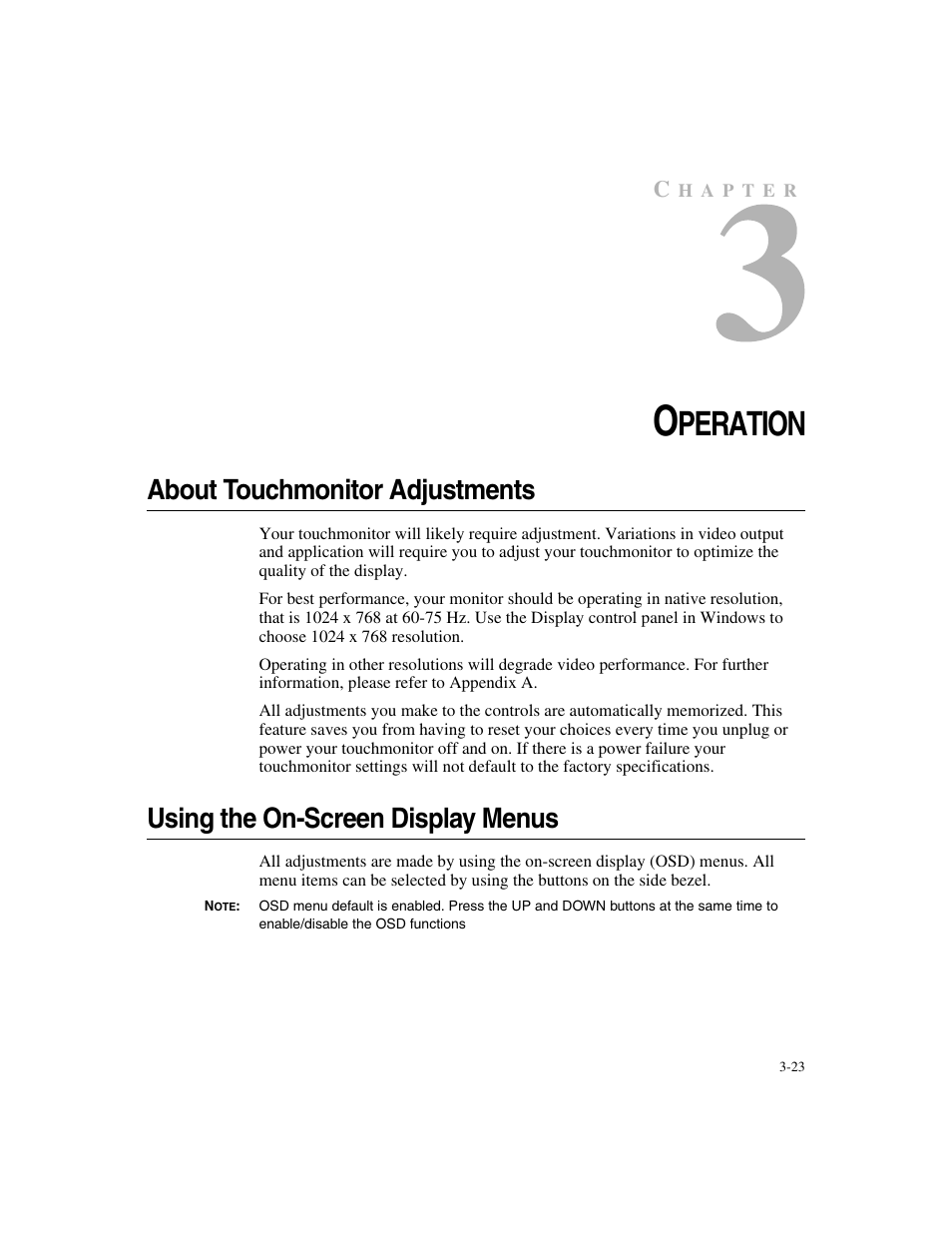 Peration, About touchmonitor adjustments, Using the on-screen display menus | Elo TouchSystems ET1546L-XXWA-X User Manual | Page 28 / 53