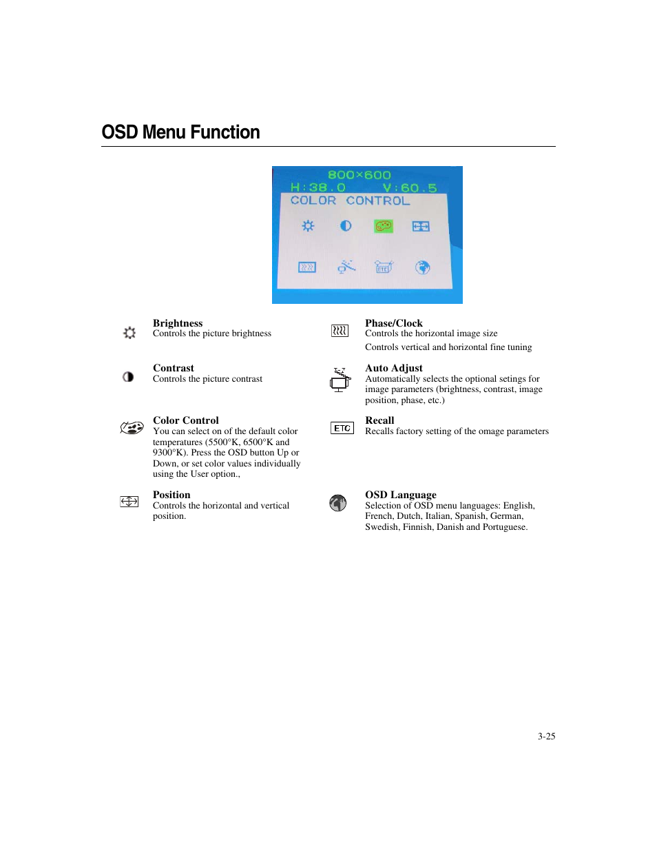 Osd menu function | Elo TouchSystems ET1546L-XXWA-X User Manual | Page 30 / 53
