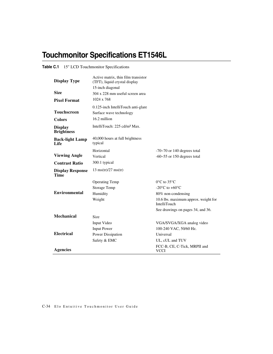 Touchmonitor specifications et1546l | Elo TouchSystems ET1546L-XXWA-X User Manual | Page 39 / 53