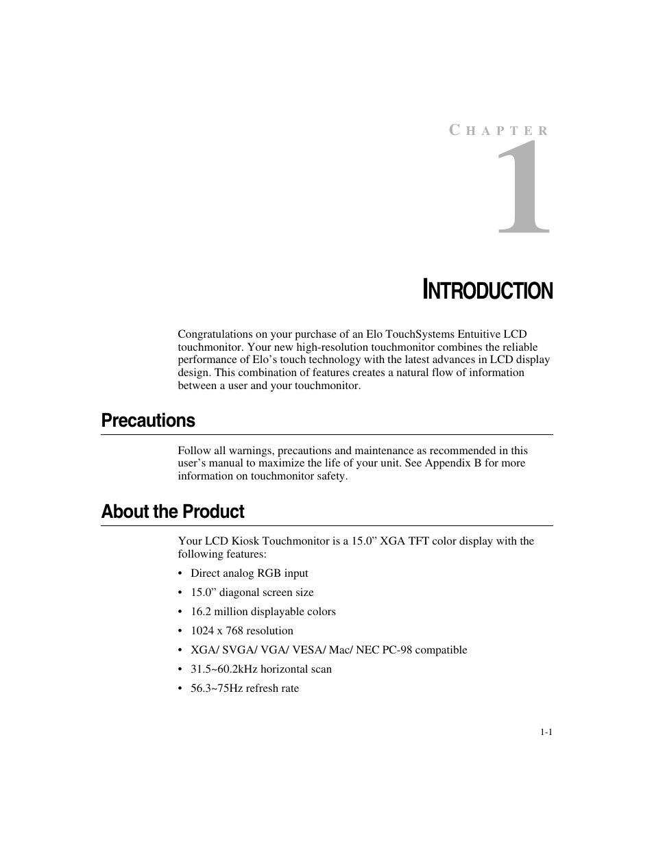 Ntroduction, Precautions, About the product | Elo TouchSystems ET1546L-XXWA-X User Manual | Page 6 / 53