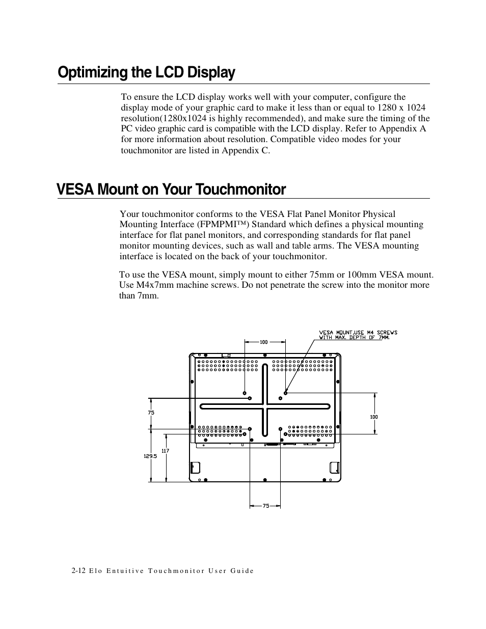 Optimizing the lcd display, Vesa mount on your touchmonitor | Elo TouchSystems Elo Entuitive 1749L Series User Manual | Page 16 / 45