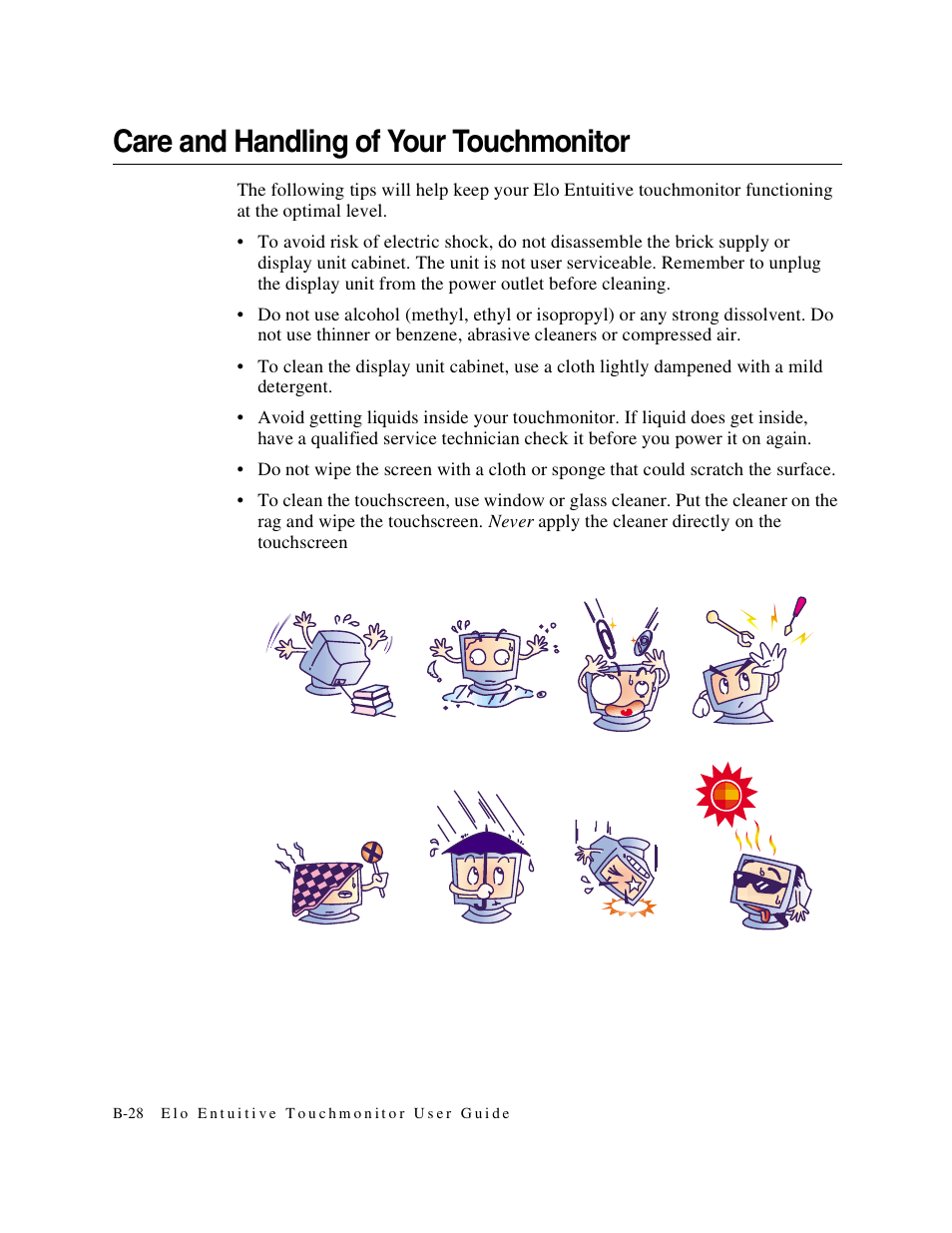 Care and handling of your touchmonitor | Elo TouchSystems Elo Entuitive 1749L Series User Manual | Page 32 / 45